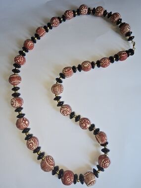 Artisan Red Patterned Bead Necklace with Black Accents